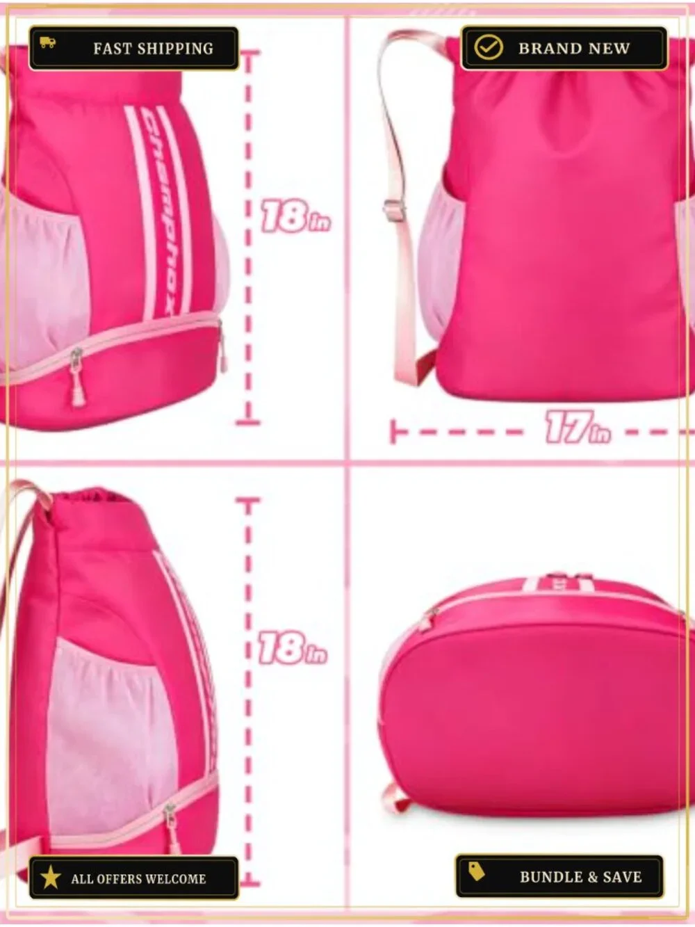 Youth Drawstring Sports Backpack with Shoe Compartment, Wet/Dry Pocket & Side
